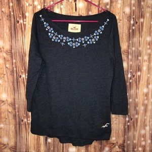 Hollister Navy Blue Floral Embroidered Top size M